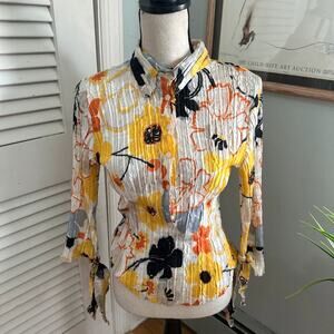 Kisca by Komarov Top Womens 2 Floral Crinkle Button Down Tie Sleeve Artsy Boho
